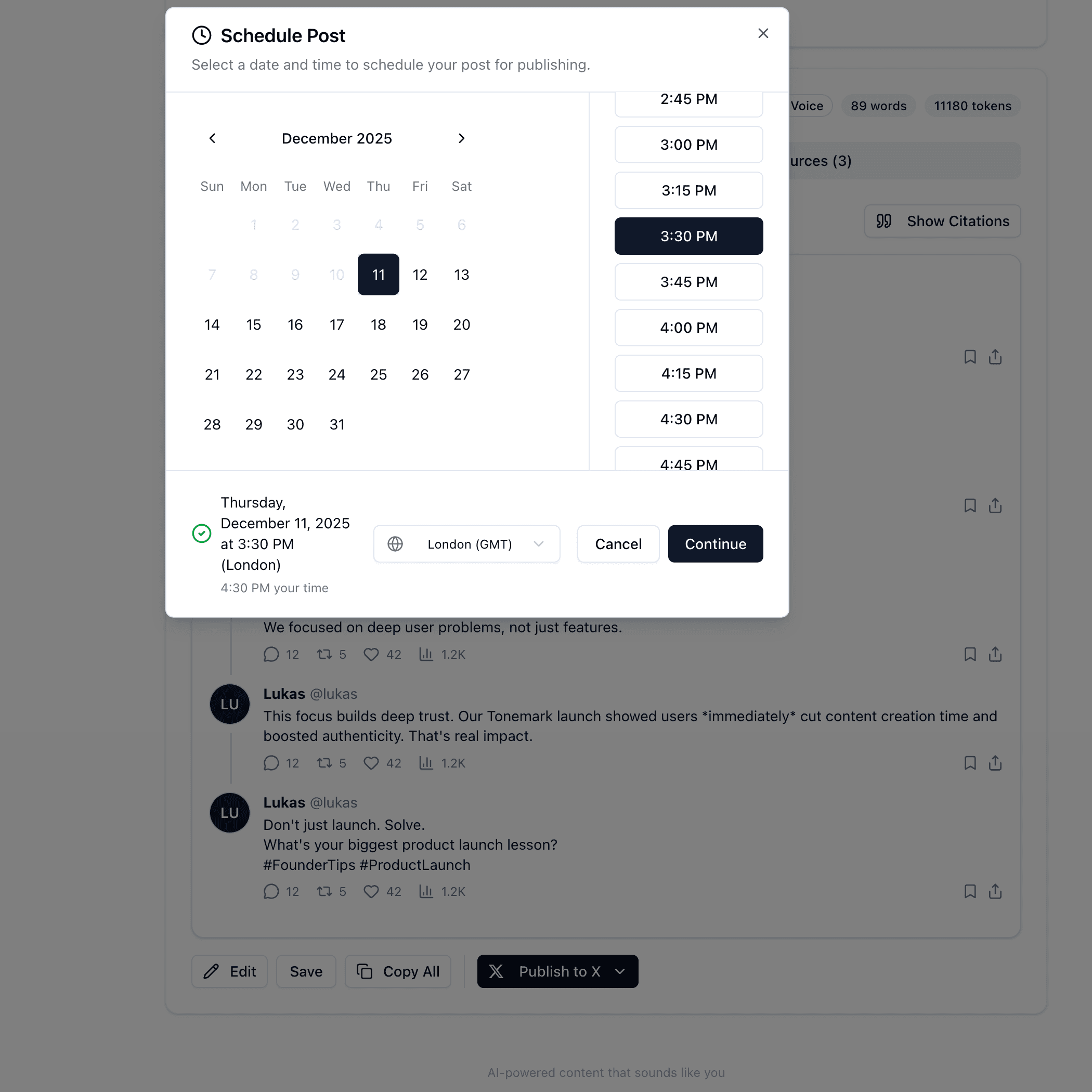 One-click publishing to LinkedIn and X - schedule posts or publish instantly from Tonemark