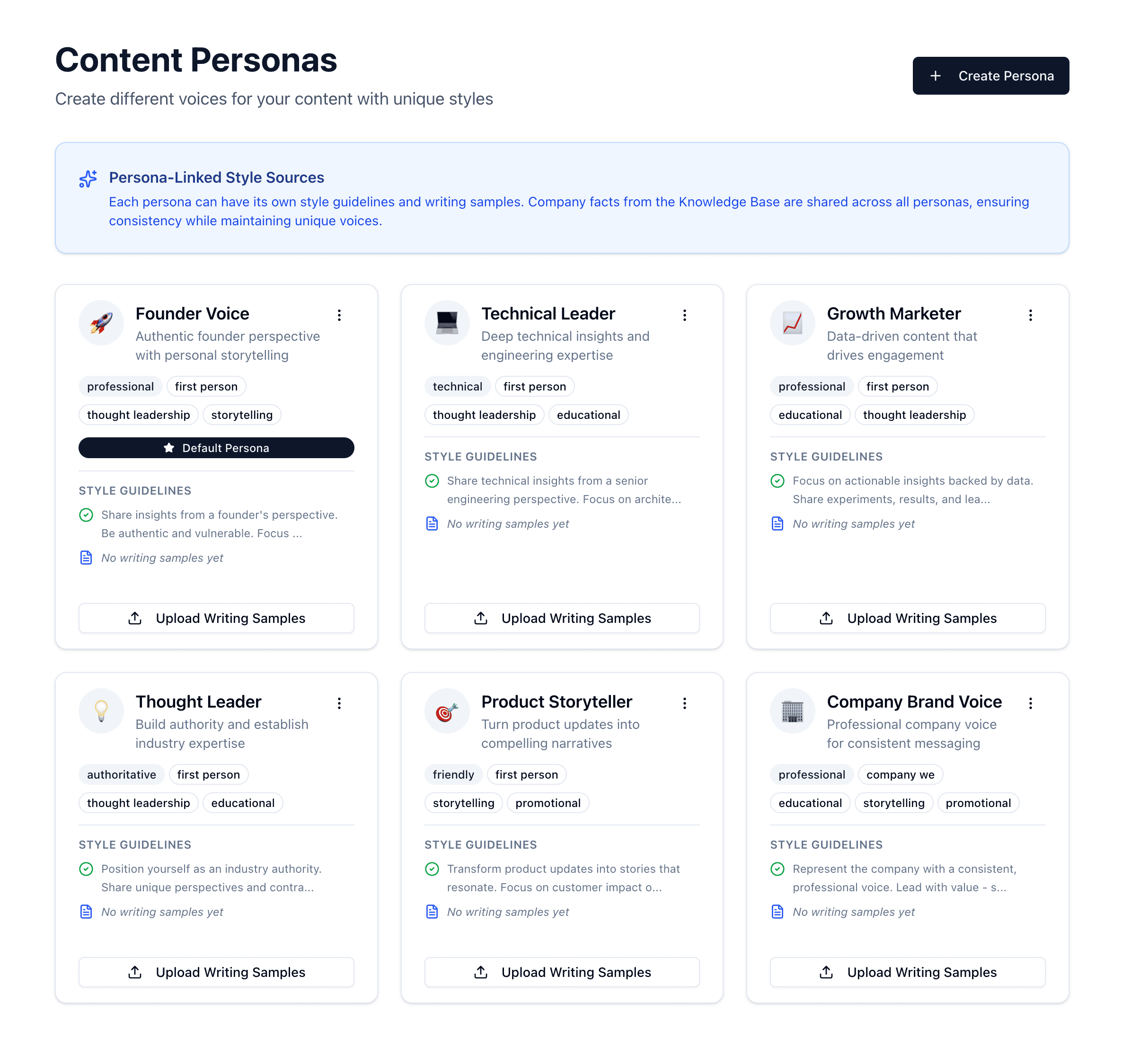 Tonemark persona management - create multiple brand voices for LinkedIn and X content